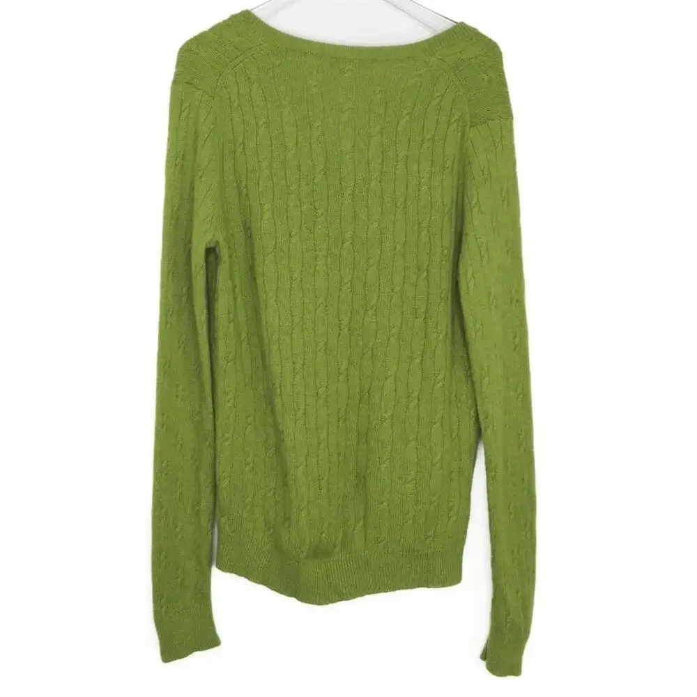 Ann Taylor LOFT Sheen Green V-Neck Cable Knit Sweater Medium - Picture 2 of 5